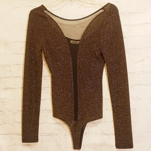 Arden B Black and Metallic Gold/Bronze Bodysuit See Through Fabric Detail - Picture 1 of 3